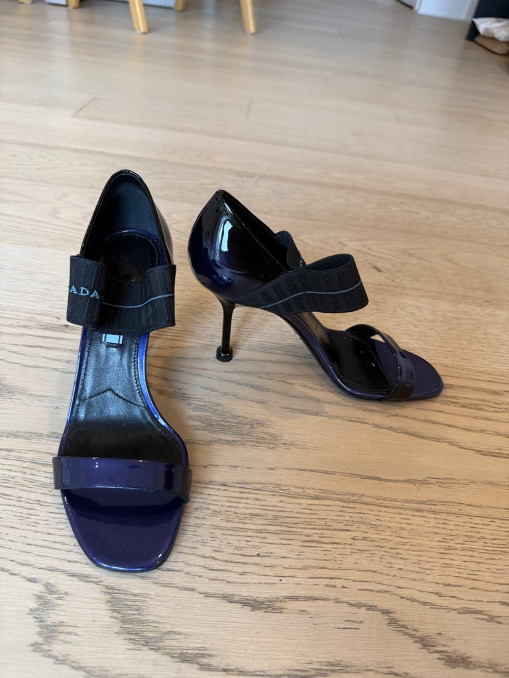 Prada Patent Leather Ankle-Strap High Heel Sandals in Deep Purple/Black